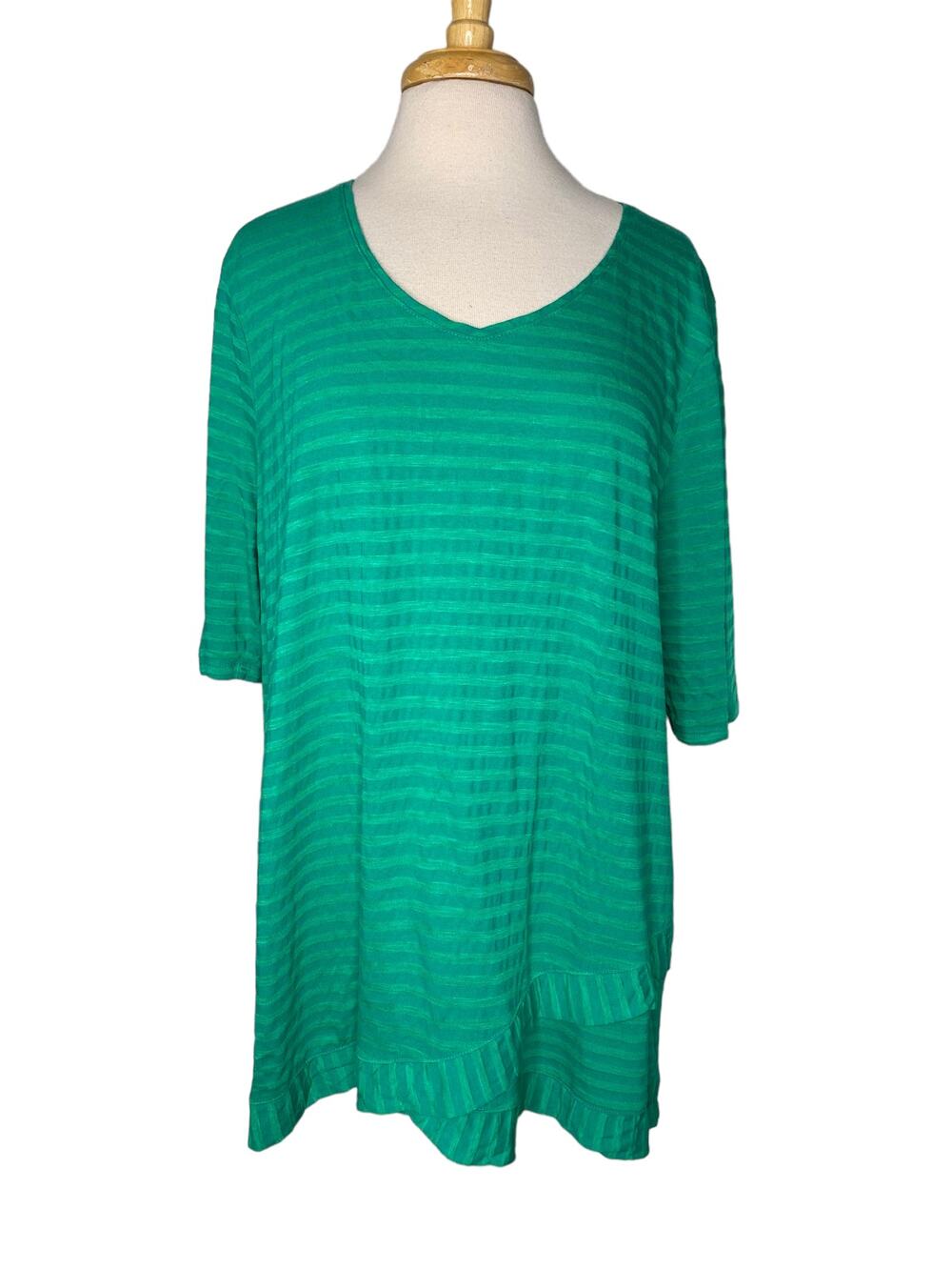 CHICOS Green Stripe Asymmetric Hem Cotton Rayon Short Sleeve Top Size XXL 2X (4)
